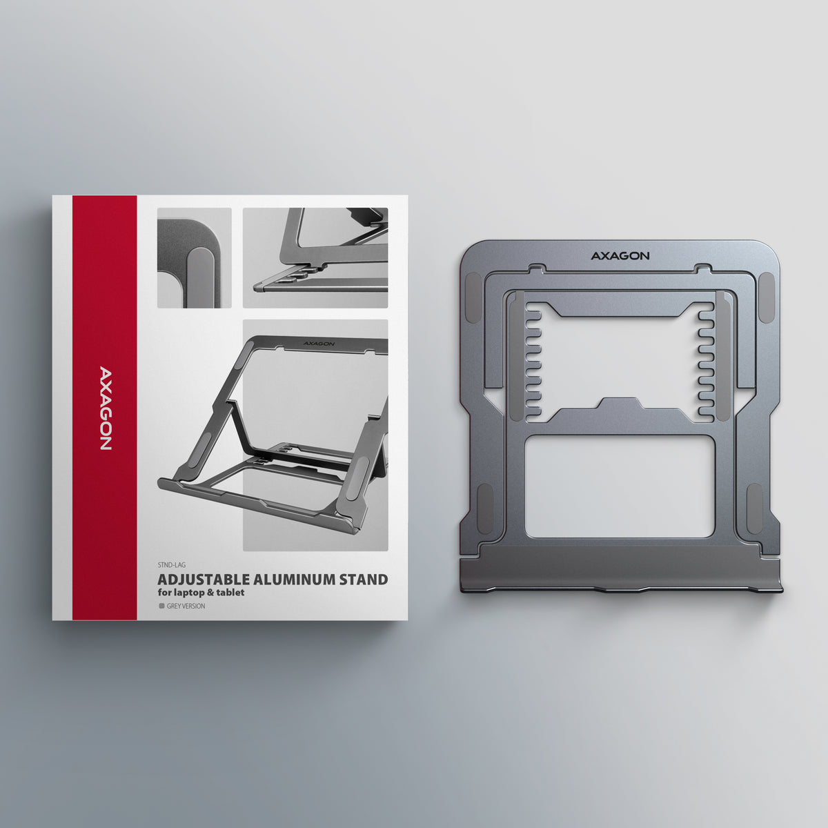 Axagon STND-LAG Aluminiumständer für Laptops und Tablets der Größe 10"–17.3". Acht Verstellbare Positionen. Graue Version.