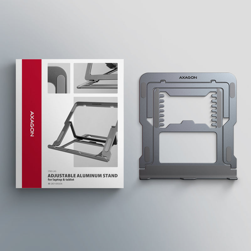 Axagon STND-LAG Aluminiumständer für Laptops und Tablets der Größe 10"–17.3". Acht Verstellbare Positionen. Graue Version.