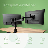 R-Go Tools Monitorhalterung R-Go Zepher, verstellbarer Doppel-Monitorarm, 100% Zirkular, bis 8 kg belastbar, schwarz