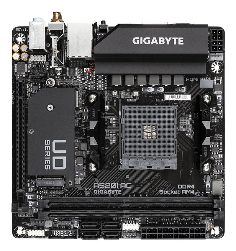 GIGABYTE A520I AC Motherboard - Unterstützt AMD Ryzen 5000 Series AM4 CPUs, 6 Phasen Digital VRM, bis zu 5300MHz DDR4 (OC), 1xPCIe 3.0 M.2, WIFI, GbE LAN, USB 3.2 Gen1