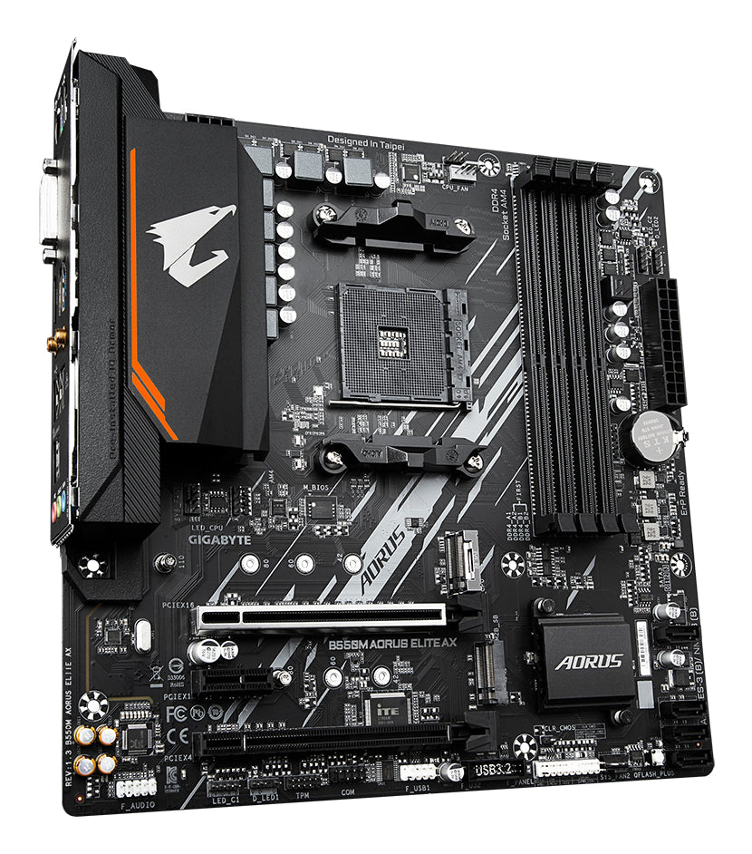 GIGABYTE B550M AORUS ELITE AX Mainboard – AMD Ryzen 5000 CPUs, 5+3 Phasen VRM, bis zu 4733 MHz DDR4, 1xPCIe 4.0 + 1xPCIe 3.0 M.2, Wi-Fi 6E, 1GbE LAN, USB 3.2 Gen 1