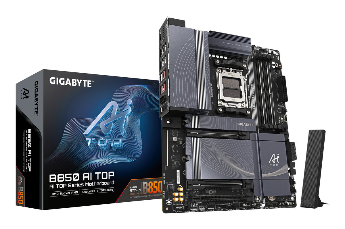 GIGABYTE B850 AI TOP Motherboard - AMD Ryzen 9000 Series CPUs, 16+2+2 Phasen Digital VRM, bis zu 8600MHz DDR5 (OC), 2xPCIe 5.0 + 1xPCIe 4.0 M.2, 10 GbE LAN, WIFI 7, USB 3.2 Gen 2x2