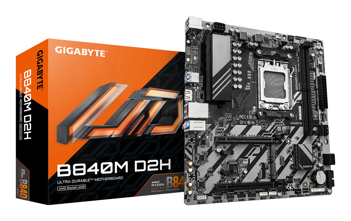 GIGABYTE B840M D2H Mainboard – AMD Ryzen 9000 CPUs, 5+2+2 Phasen VRM, bis zu 7600 MHz DDR5, 1xPCIe 4.0 + 1xPCIe 3.0 M.2, 2.5GbE LAN, USB 3.2 Gen 1
