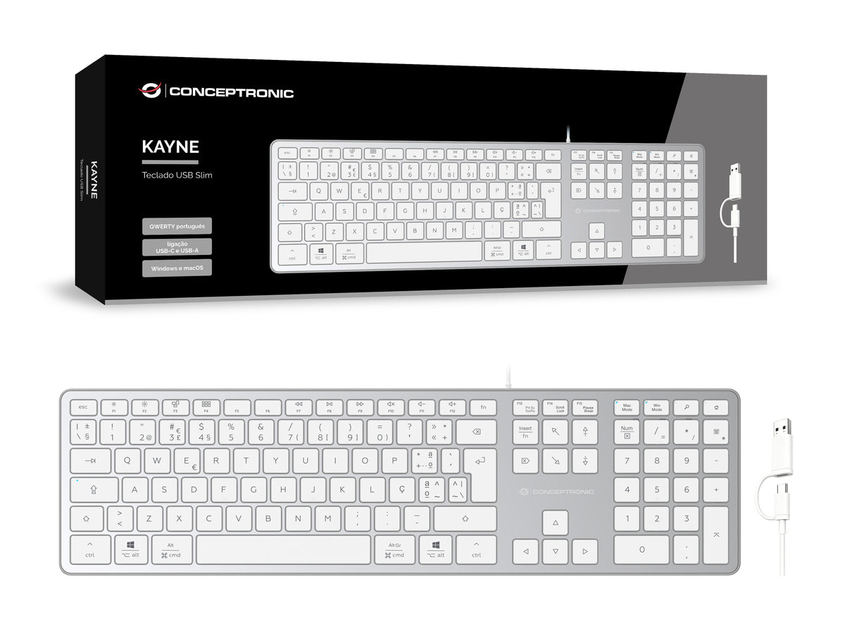 Conceptronic KAYNE02WPT USB Slim-Tastatur, QWERTY Portugiesisch, kompatibel mit Windows und macOS