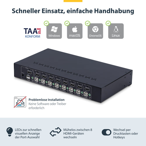 StarTech.com 8-Port HDMI KVM Switch w/1U Rack Mount Kit, 4K 60Hz