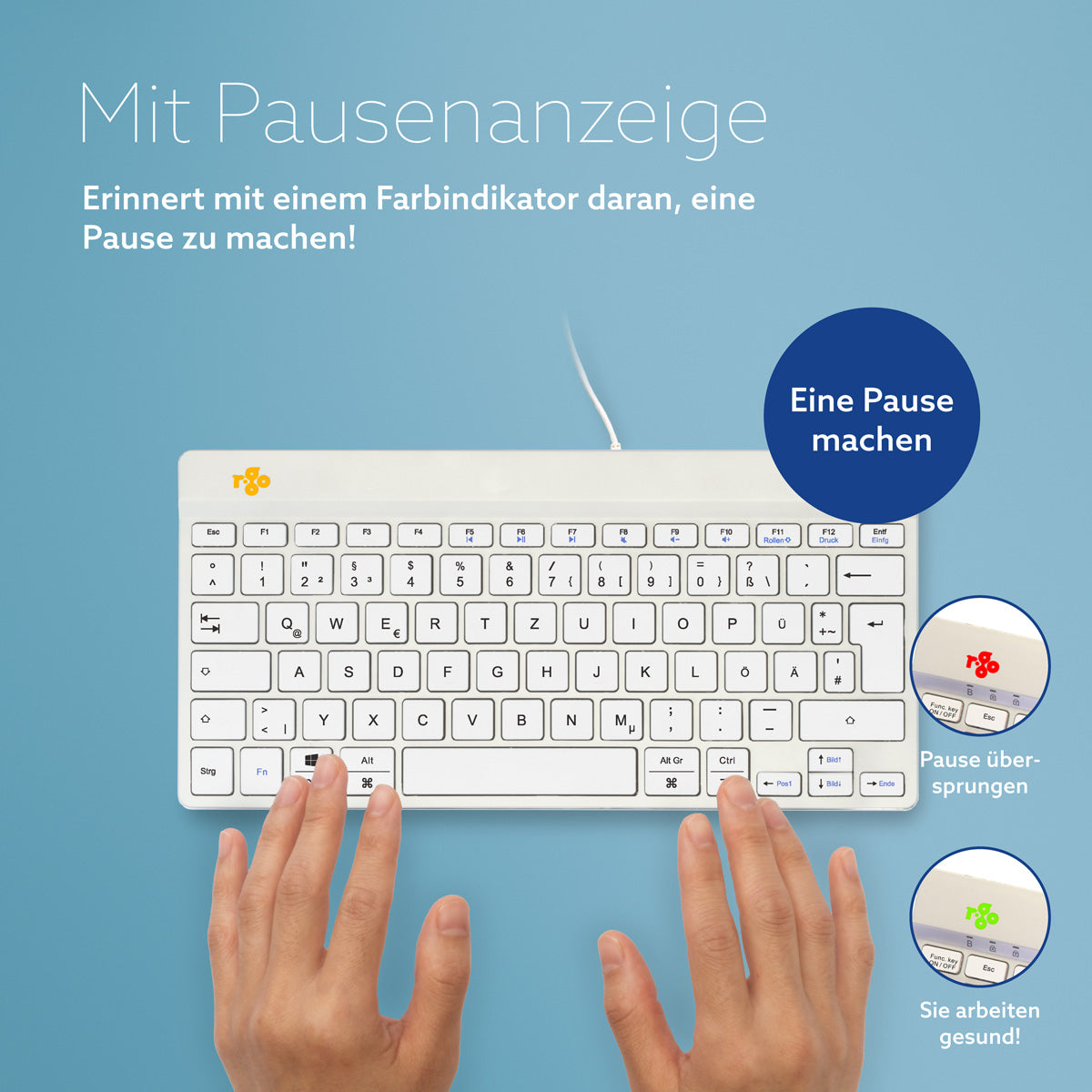 R-Go Tools Ergonomische Tastatur R-Go Compact Break, kompakte Tastatur mit Pausensoftware, QWERTZ (DE), Kabelgebunden, Weiß