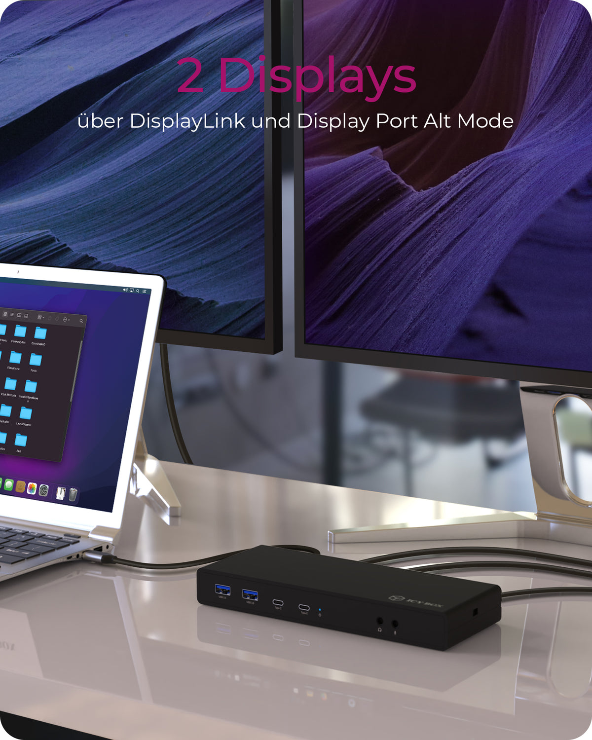 ICY BOX IB-DK2245AC, DisplayLink™, 2x DisplayPort™ oder 2x HDMI® Schnittstelle bis zu 4096x2160@60 Hz