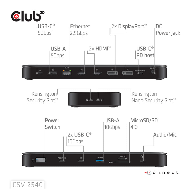 CLUB3D CSV-2540 laptop-dockingstation & portreplikator Andocken USB 3.2 Gen 1 (3.1 Gen 1) Type-C Schwarz