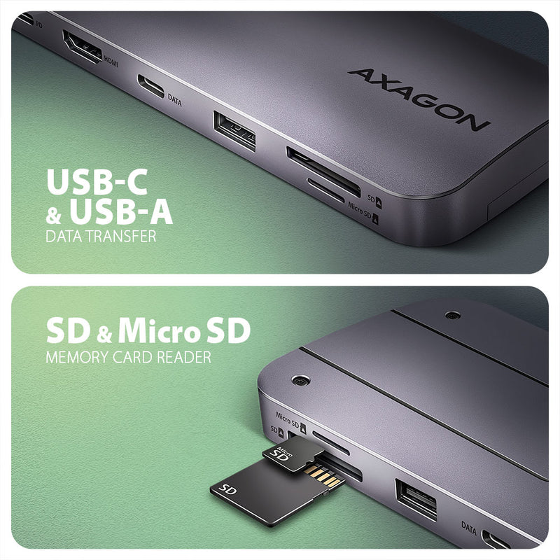 Axagon HMC-6GM2 USB 10Gbps hub USB-A USB-C HDMI M.2 SD/mSD PD 100W USB-C Kabelgebunden USB 3.2 Gen 2 (3.1 Gen 2) Type-C Grau