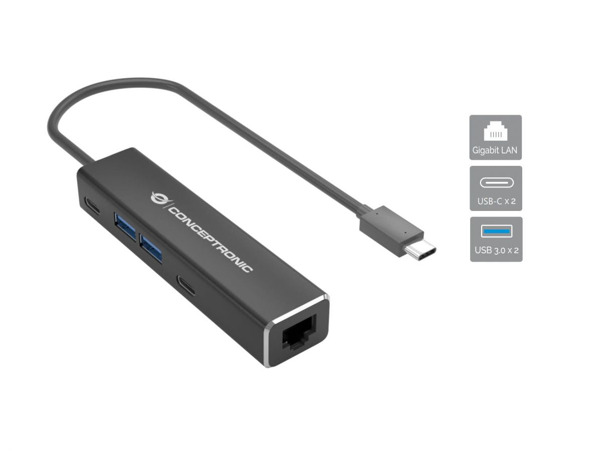 Conceptronic ABBY13B Gigabit Ethernet USB 3.2 Gen 1 Adapter mit USB-Hub, GbE, USB-A x 2, USB-C x 2