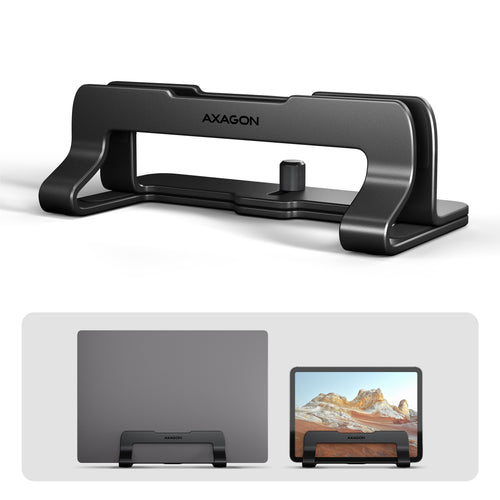 Axagon STND-VB Aluminiumständer für die vertikale Platzierung von Laptops mit einer Größe von 10"–17.3". Einstellbare Schlitzbreite 9.5–25.5 mm. Schwarze Version.