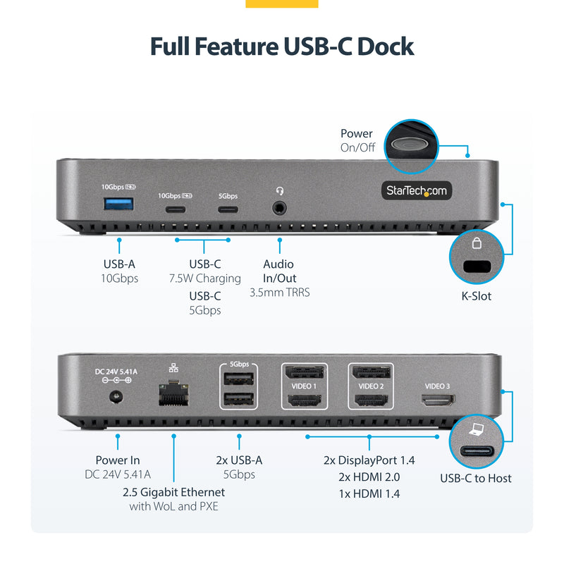 StarTech.com USB-C Drei Monitor Dockingstation - HDMI/DP Dreifach 4K USB C Dock - 5x USB Hub - GbE - 100W PD - Universelle Multi-Monitor Dockingstation - Thunderbolt 3/4 Kompatibel