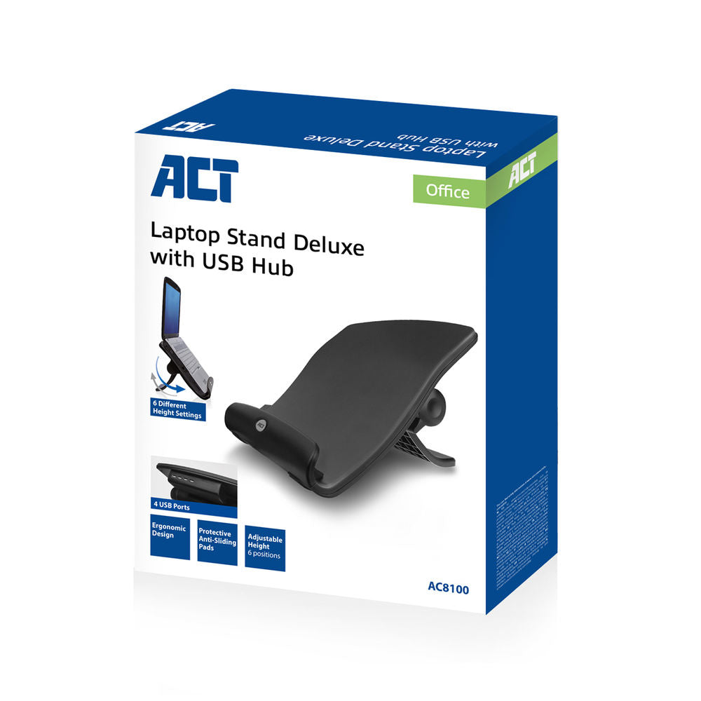 Supporto per laptop ACT, fino a 17", regolabile in altezza (6 posizioni), hub a 4 porte