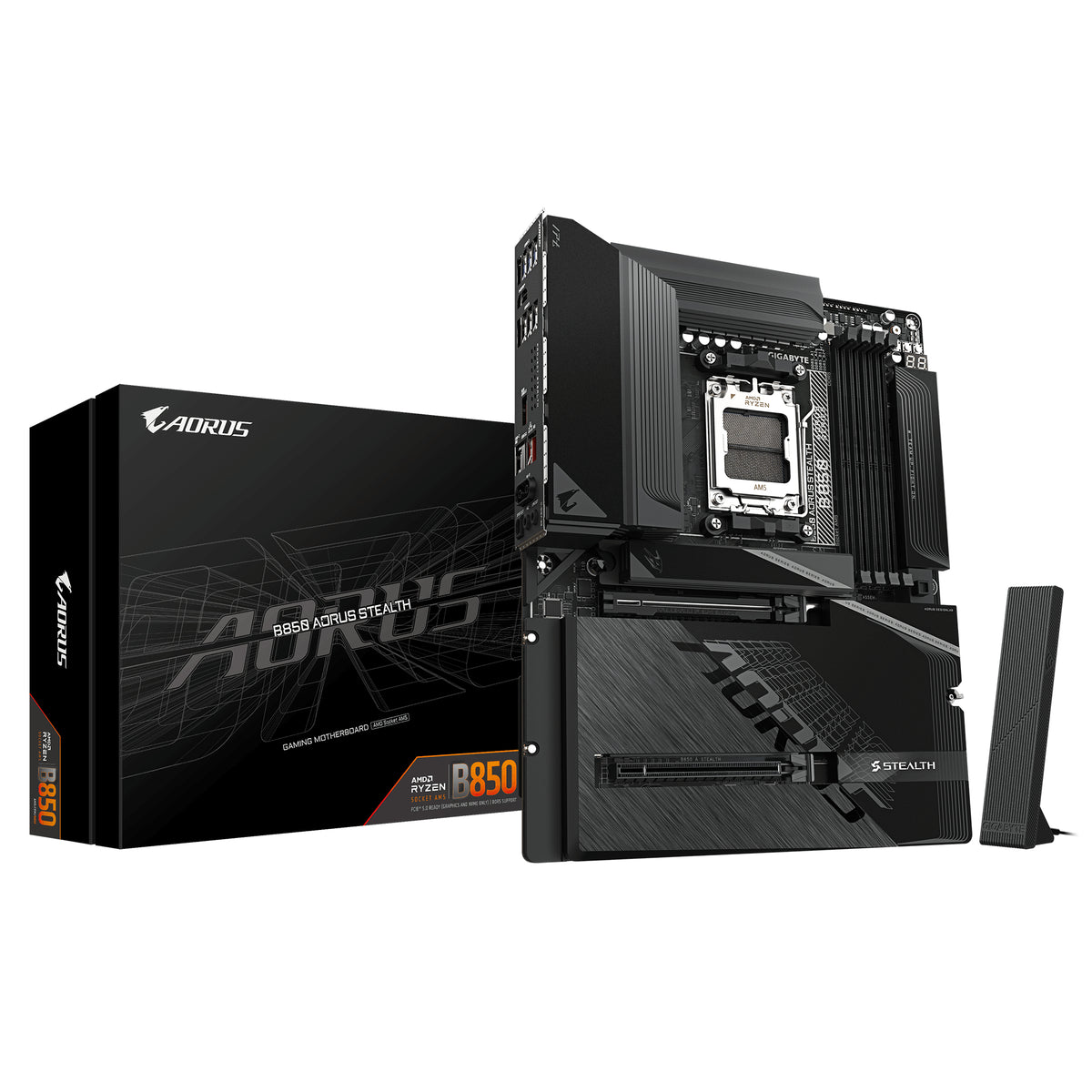 GIGABYTE B850 AORUS STEALTH Mainboard – AMD Ryzen 9000 Series CPUs, digitales 14+2+2-Phasen-VRM, bis zu 8200 MHz DDR5 (O.C.), 2× PCIe-5.0-M.2 + 2× PCIe-4.0-M.2, Wi-Fi 7, 5-GbE-LAN, USB 3.2 Gen 2