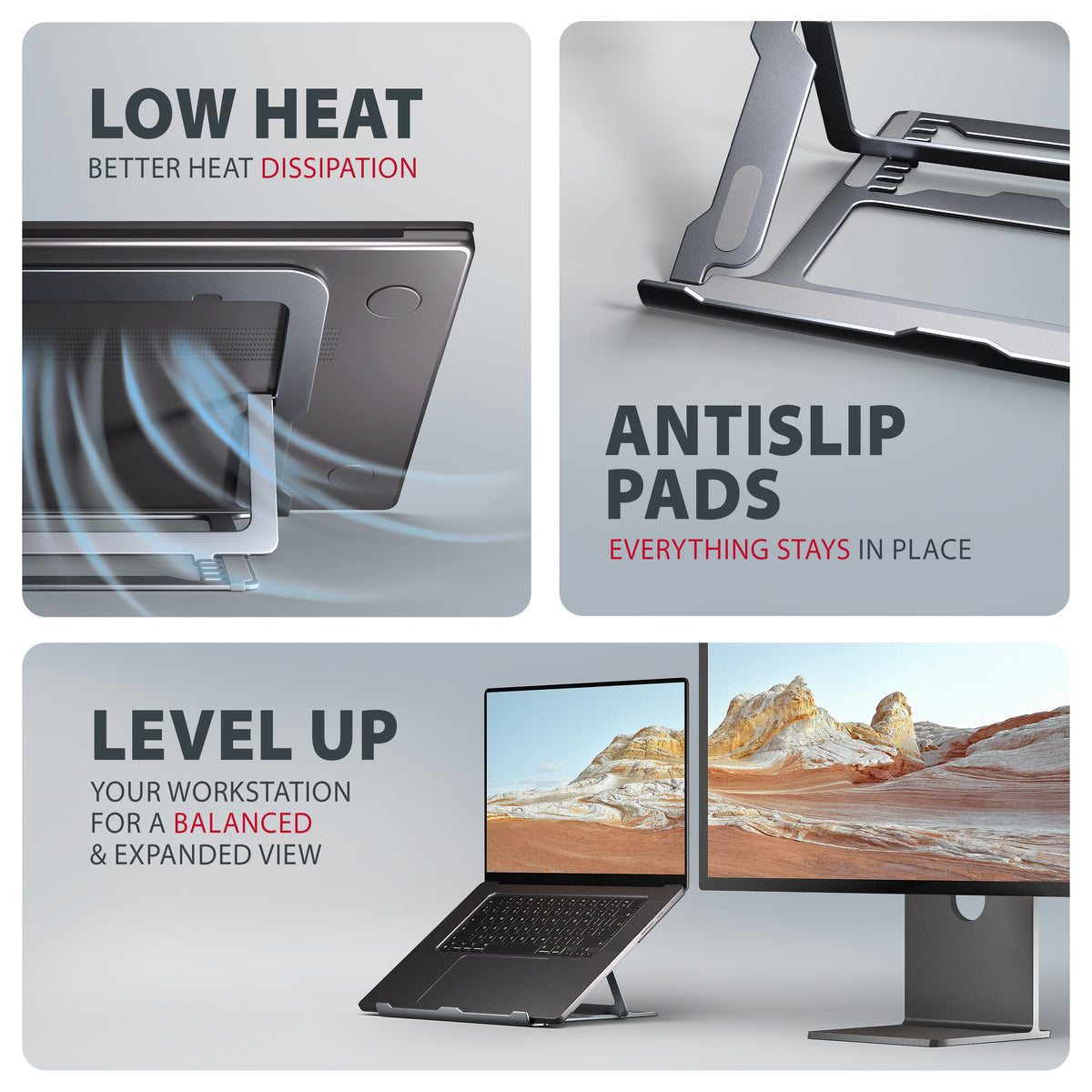 Axagon STND-LAG Aluminiumständer für Laptops und Tablets der Größe 10"–17.3". Acht Verstellbare Positionen. Graue Version.