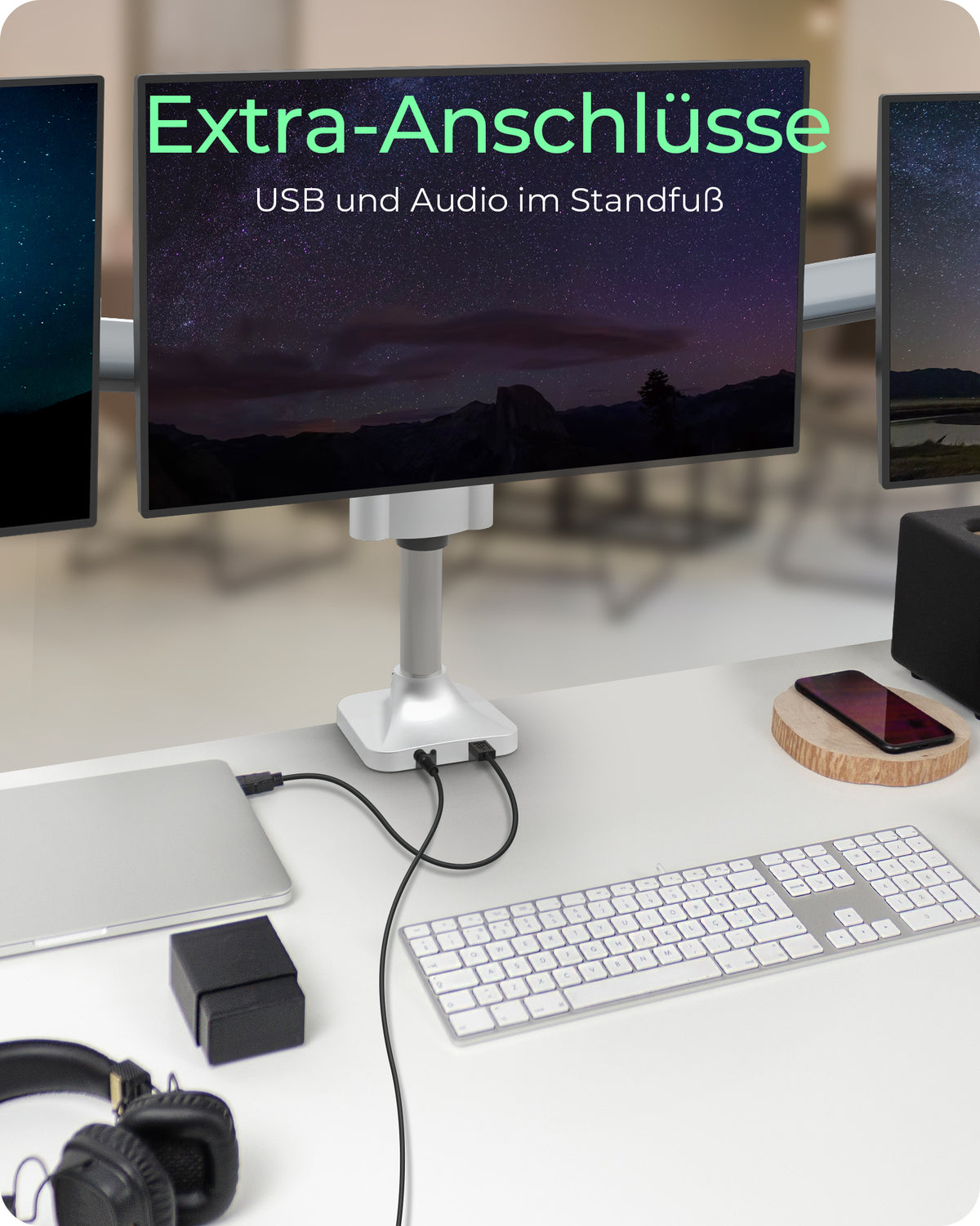 ICY BOX IB-MS505-TI, Monitorständer mit Tischhalterung für drei Monitore bis zu 32’’ (81 cm) und USB/Audio Unterstützung