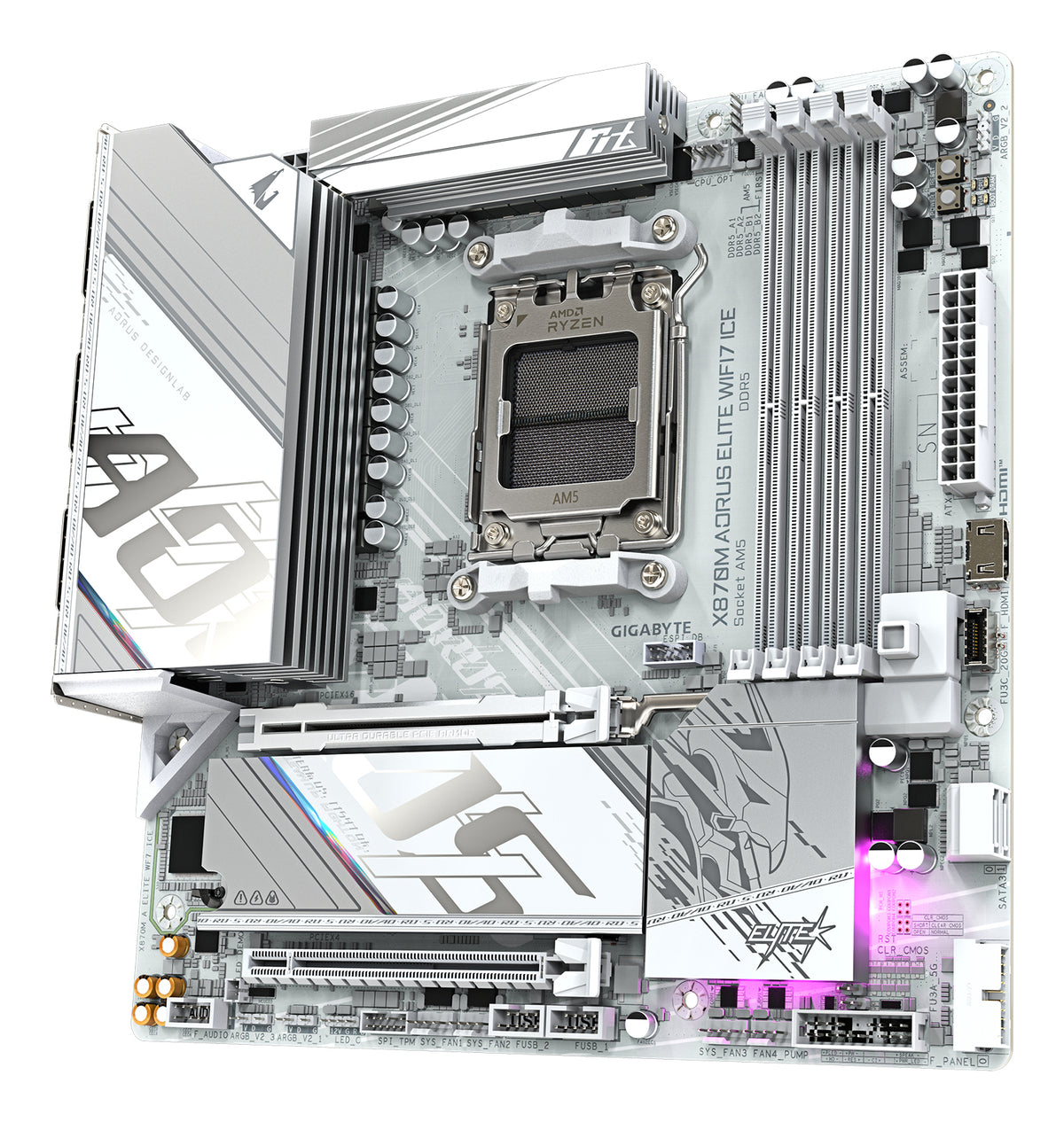 GIGABYTE X870M AORUS ELITE WIFI7 ICE Mainboard – Unterstützt AMD Ryzen 9000 CPUs, digitales 14+2+2-Phasen-VRM, bis zu 8200 Hz DDR5 (O.C), 1× PCIe 5.0 + 1× PCIe 4.0, Wi-Fi 7, 2.5-GbE-LAN, USB 4