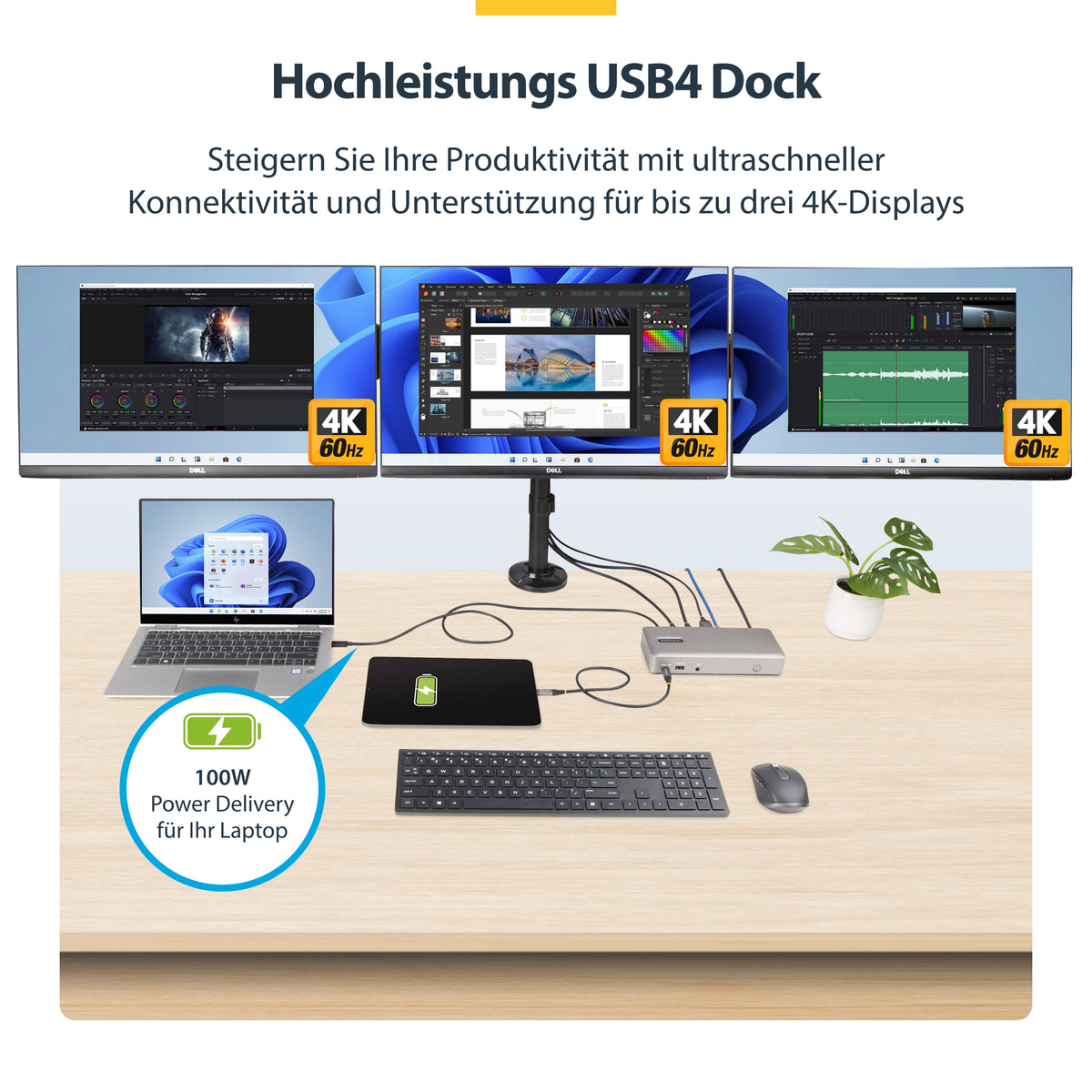 StarTech.com USB-C-Dockingstation(USB4), Dreifach 4K60Hz-Monitore DisplayPort oder HDMI, 100W Laptop-Ladung, 2,5GbE, Notebook Dock, Thunderbolt 4, Nicht für macOS, Treiberlos