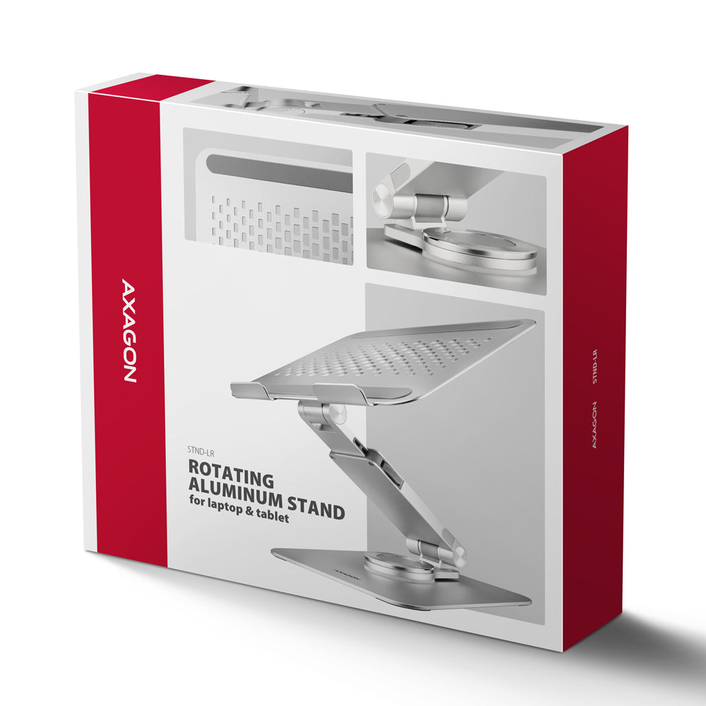 Axagon STND-LR Aluminiumständer mit 360°-Drehung für Laptops 10"–17.3". Verstellbare Höhe und Winkel.