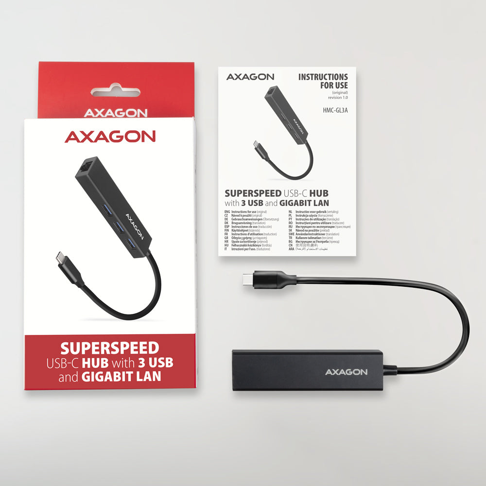 Axagon HMC-GL3A USB-C-Hub 3x USB-A Gbit-LAN schwarz Kabelgebunden USB 3.2 Gen 1 (3.1 Gen 1) Type-C