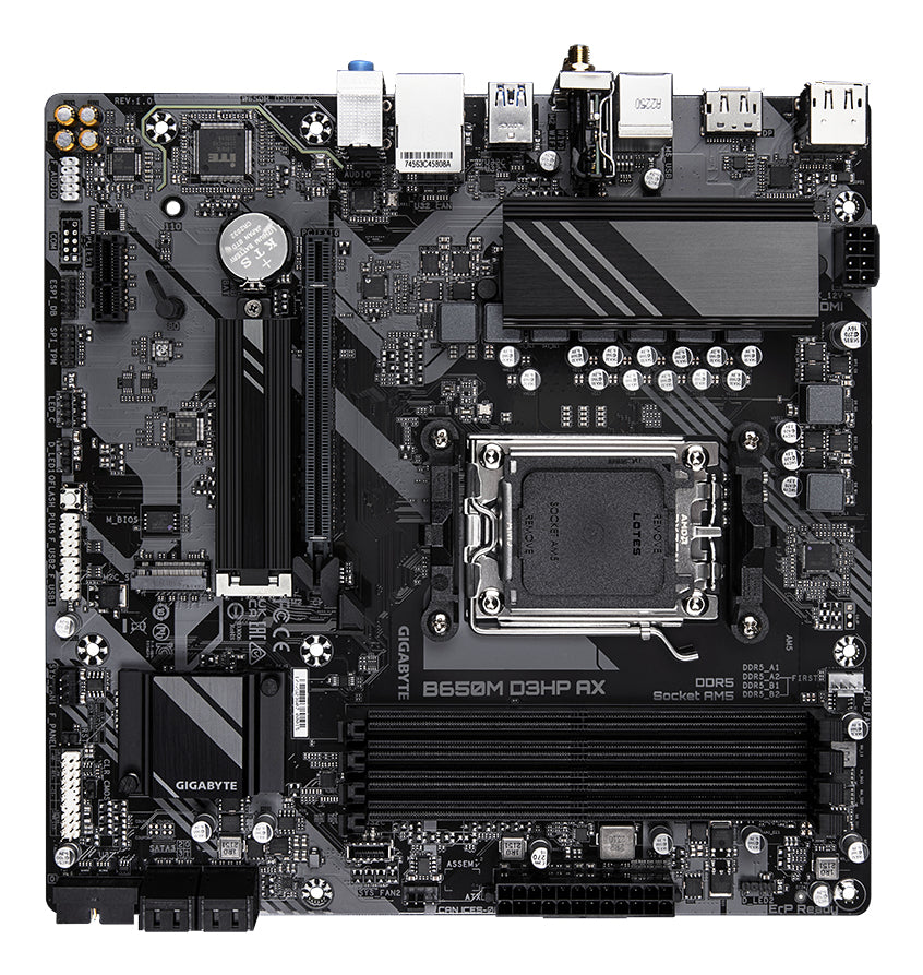 GIGABYTE B650M D3HP AX Mainboard - AMD Ryzen 9000er-Serie, 5+2+2 Phasen VRM, bis zu 8000 MHz DDR5 (OC), 2xPCIe 4.0 M.2, WIFI 6E, 2,5 GbE LAN, USB 3.2 Gen 1