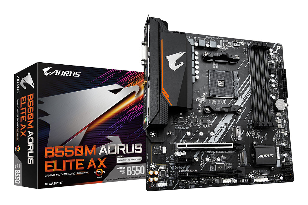 GIGABYTE B550M AORUS ELITE AX Mainboard – AMD Ryzen 5000 CPUs, 5+3 Phasen VRM, bis zu 4733 MHz DDR4, 1xPCIe 4.0 + 1xPCIe 3.0 M.2, Wi-Fi 6E, 1GbE LAN, USB 3.2 Gen 1