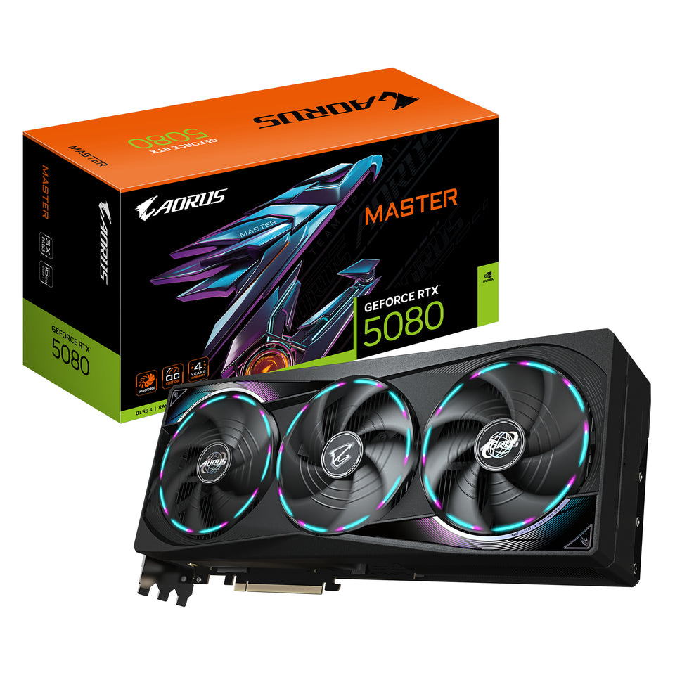 Carte graphique GIGABYTE AORUS GeForce RTX 5080 MASTER 16G - 16Go GDDR7, 256 bits, PCI-E 5.0, fréquence d'horloge de 2805MHz, 3 x DisplayPort, 1 x HDMI, GV-N5080AORUS M-16GD