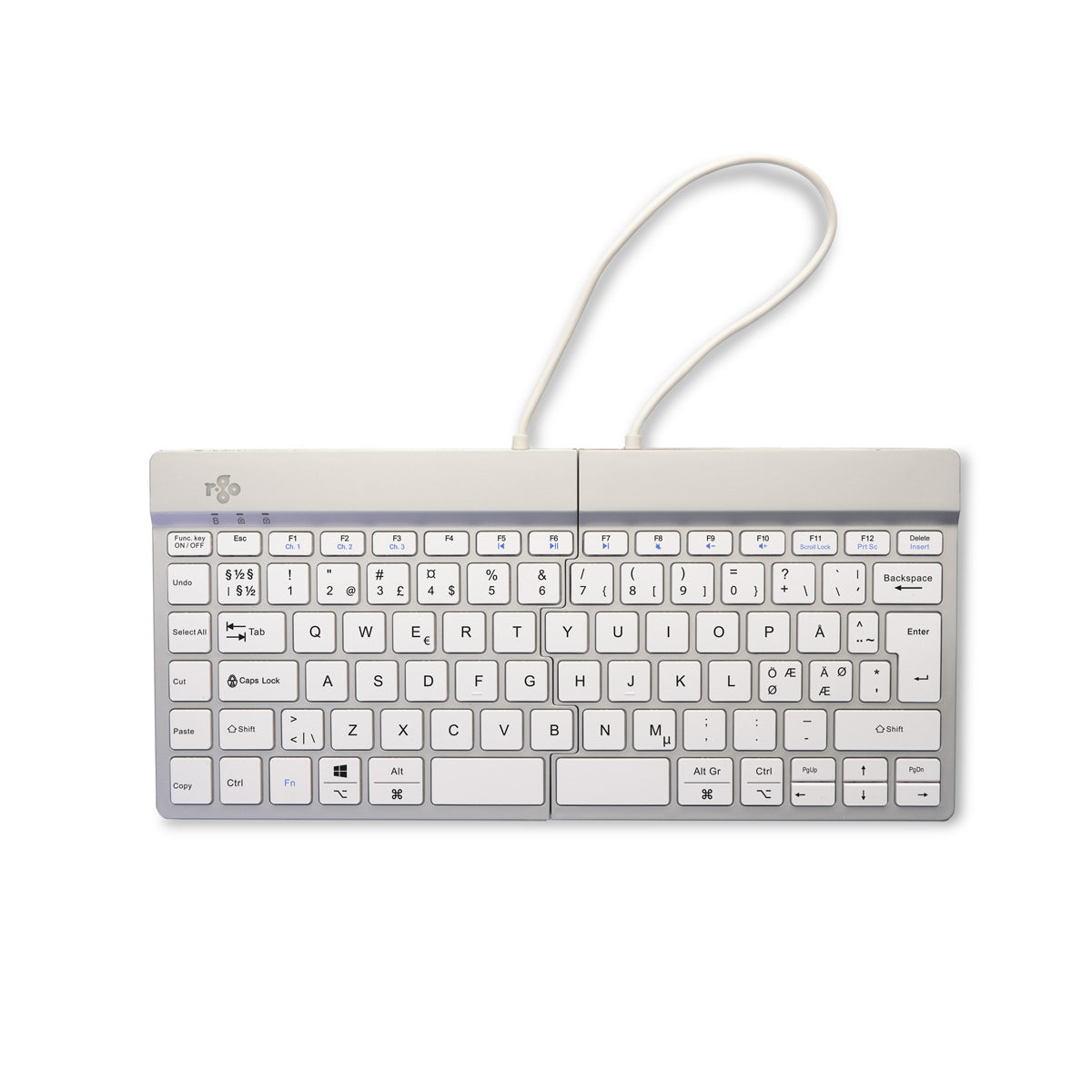 R-Go Tools Ergonomische Tastatur R-Go Split Break mit Pausensoftware, geteilte Tastatur, QWERTY (NORDIC), kabellos, weiß