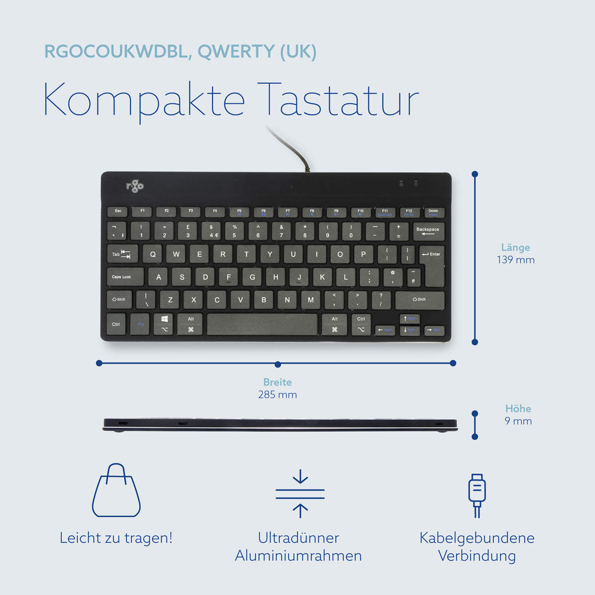 R-Go Tools Ergonomische Tastatur R-Go Compact Break, kompakte Tastatur mit Pausensoftware, QWERTY (UK), Kabelgebunden, Schwarz