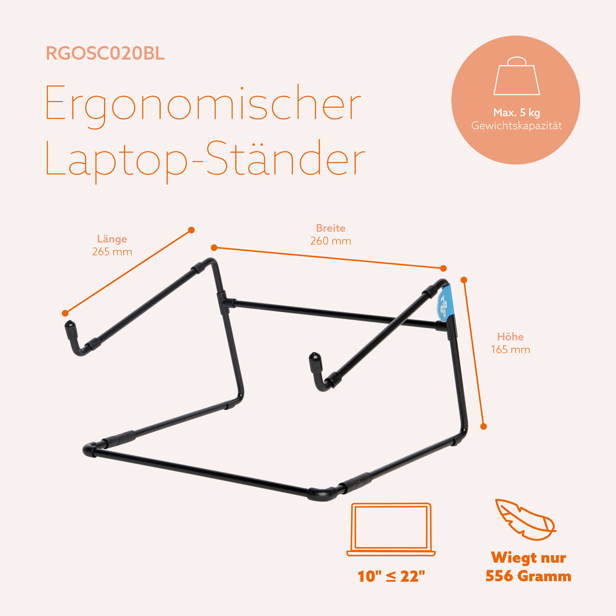 R-Go Tools Laptopständer R-Go Steel Office, kompatibel für 10- 22 Zoll Laptops, schwarz