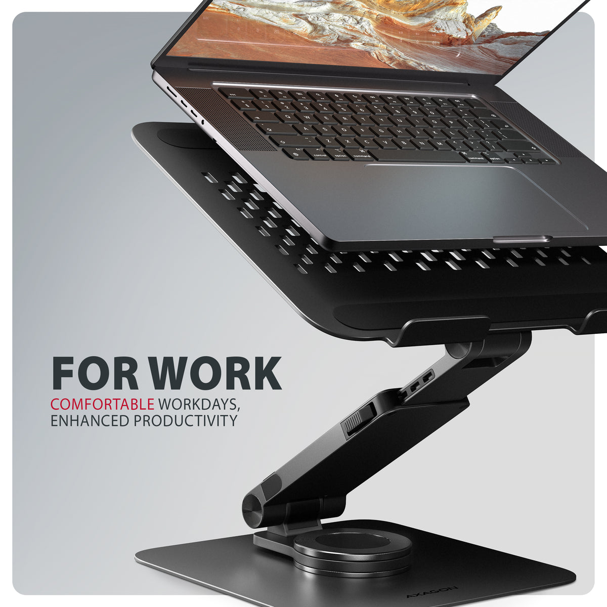 Axagon STND-LRB Aluminiumständer mit 360°-Drehung für Laptops 10"–17.3". Verstellbare Höhe und Winkel. Schwarze Version.