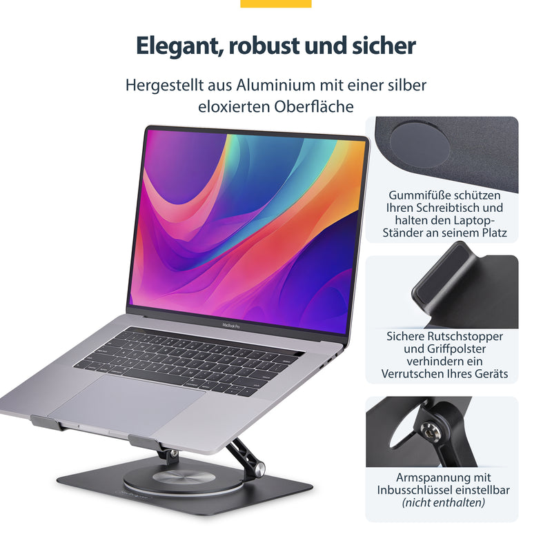 StarTech.com Ergonomischer Höhenverstellbarer Laptopständer, Dreh-Neigbarer Computerständer, Tragbare Laptophalterung-Notebookständer, bis 5kg, Aluminium Konstruktion
