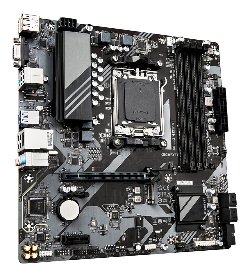 GIGABYTE A620M DS3H Motherboard - Unterstützt AMD Ryzen 8000 CPUs, 5+2+2 Phasen Digital VRM, bis zu 7600MHz DDR5 (OC), 1xPCIe 4.0 M.2, GbE LAN, USB 3.2 Gen 1