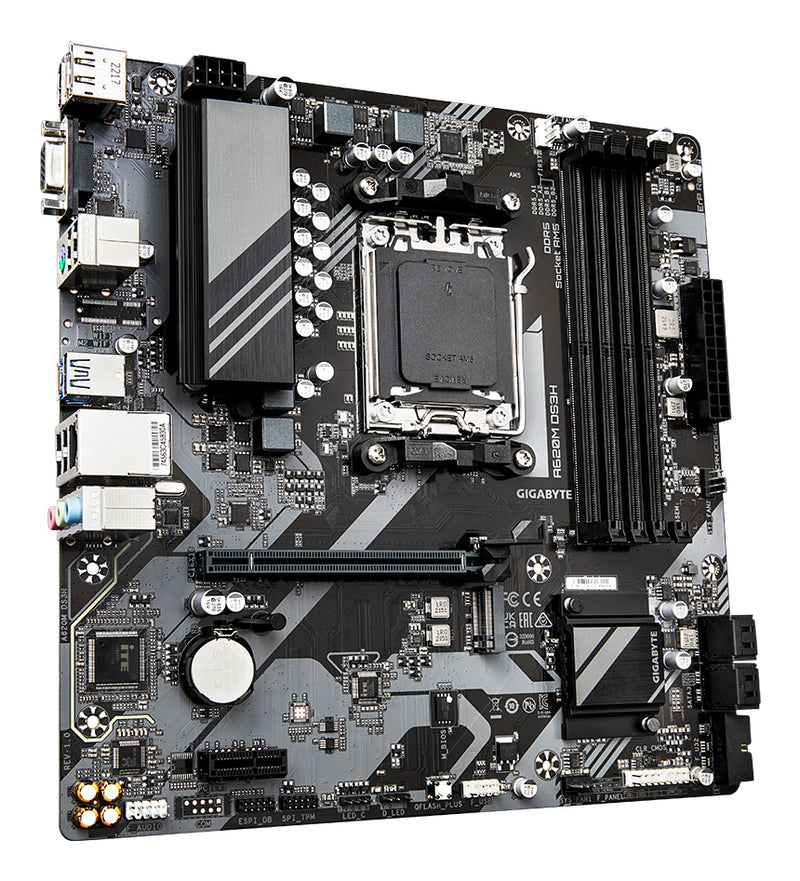 GIGABYTE A620M DS3H Motherboard - Unterstützt AMD Ryzen 8000 CPUs, 5+2+2 Phasen Digital VRM, bis zu 7600MHz DDR5 (OC), 1xPCIe 4.0 M.2, GbE LAN, USB 3.2 Gen 1