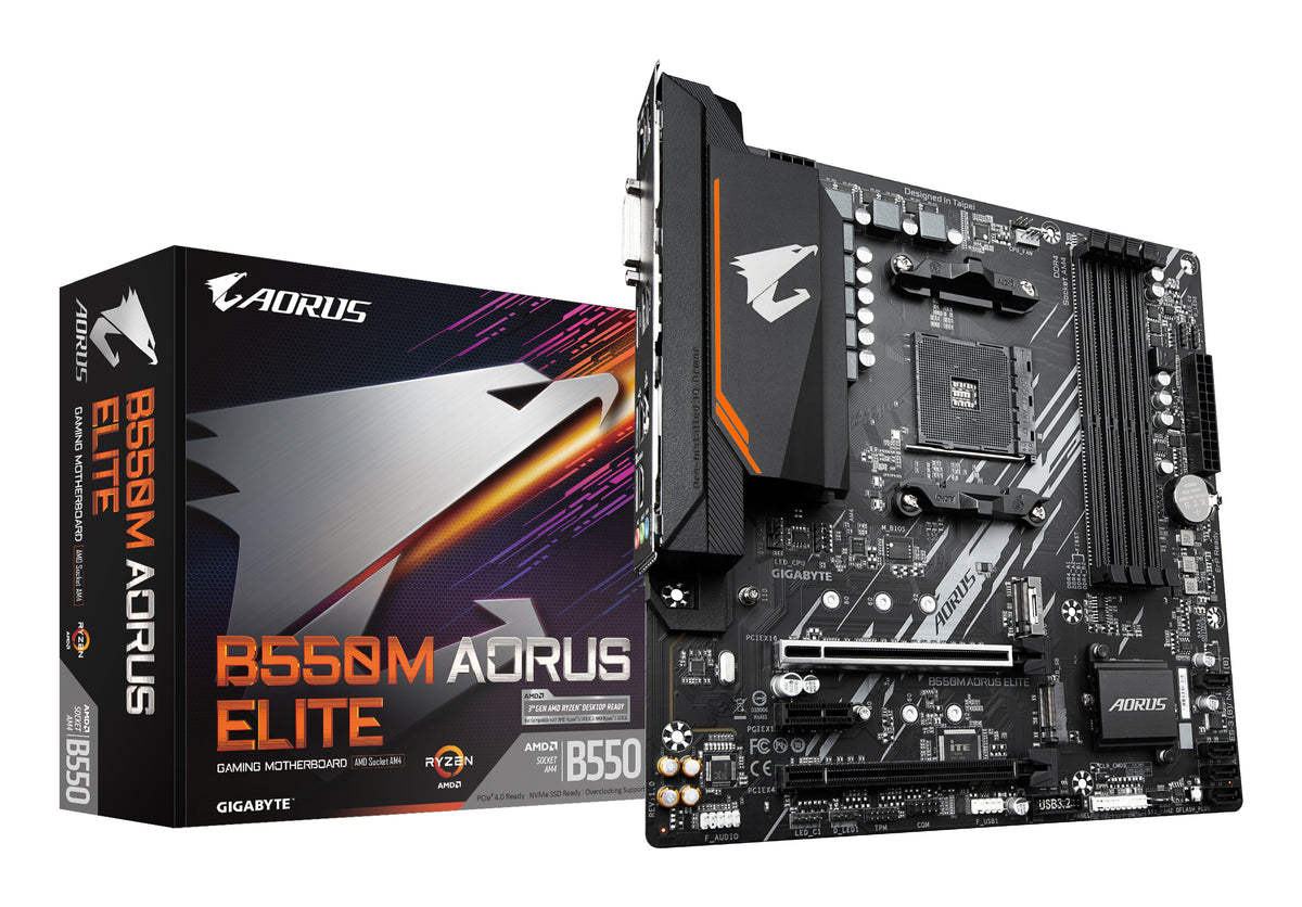 GIGABYTE B550M AORUS ELITE Mainboard – AMD Ryzen 5000 CPUs, 5+3 Phasen VRM, bis zu 4733 MHz DDR4, 1xPCIe 4.0 + 1xPCIe 3.0 M.2, 1GbE LAN, USB 3.2 Gen 1