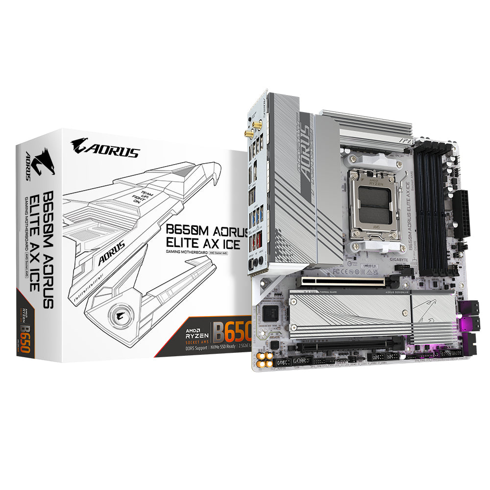 GIGABYTE B650M AORUS ELITE AX ICE Mainboard - AMD Ryzen 9000er-Serie, 12+2+2 Phasen VRM, bis zu 8000 MHz DDR5 (OC), 1xPCIe 5.0 + 1xPCIe 4.0 M.2, 2,5 GbE LAN, WIFI 6E, USB 3.2 Gen 2x2