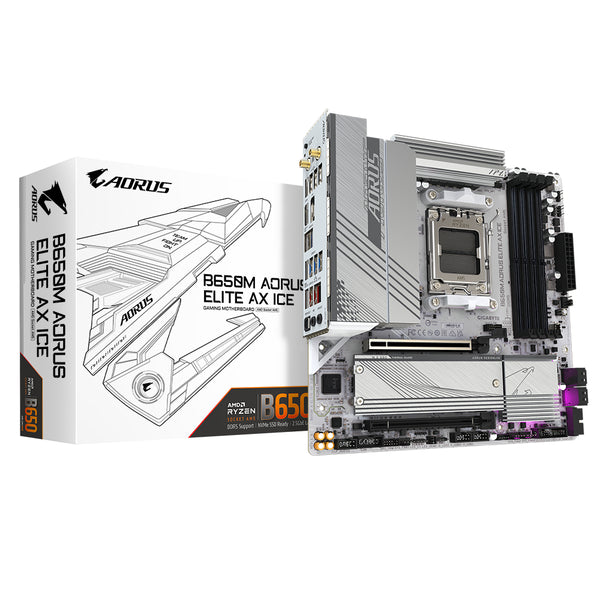 GIGABYTE B650M AORUS ELITE AX ICE Mainboard - AMD Ryzen 9000er-Serie, 12+2+2 Phasen VRM, bis zu 8000 MHz DDR5 (OC), 1xPCIe 5.0 + 1xPCIe 4.0 M.2, 2,5 GbE LAN, WIFI 6E, USB 3.2 Gen 2x2
