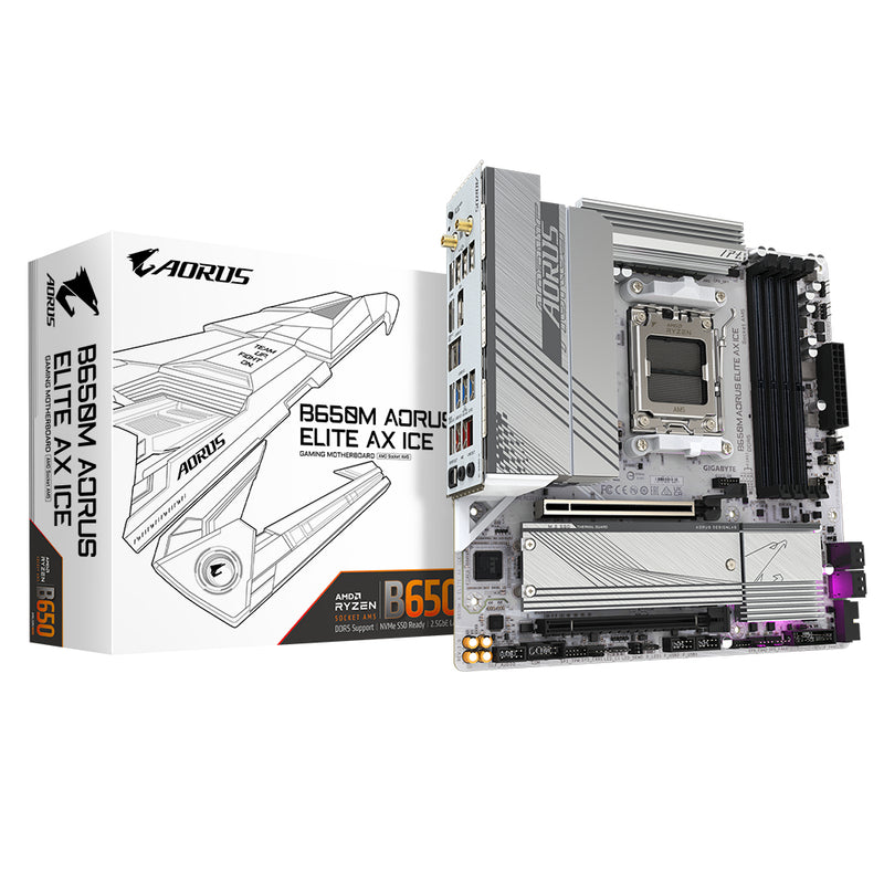 GIGABYTE B650M AORUS ELITE AX ICE Mainboard - AMD Ryzen 9000er-Serie, 12+2+2 Phasen VRM, bis zu 8000 MHz DDR5 (OC), 1xPCIe 5.0 + 1xPCIe 4.0 M.2, 2,5 GbE LAN, WIFI 6E, USB 3.2 Gen 2x2