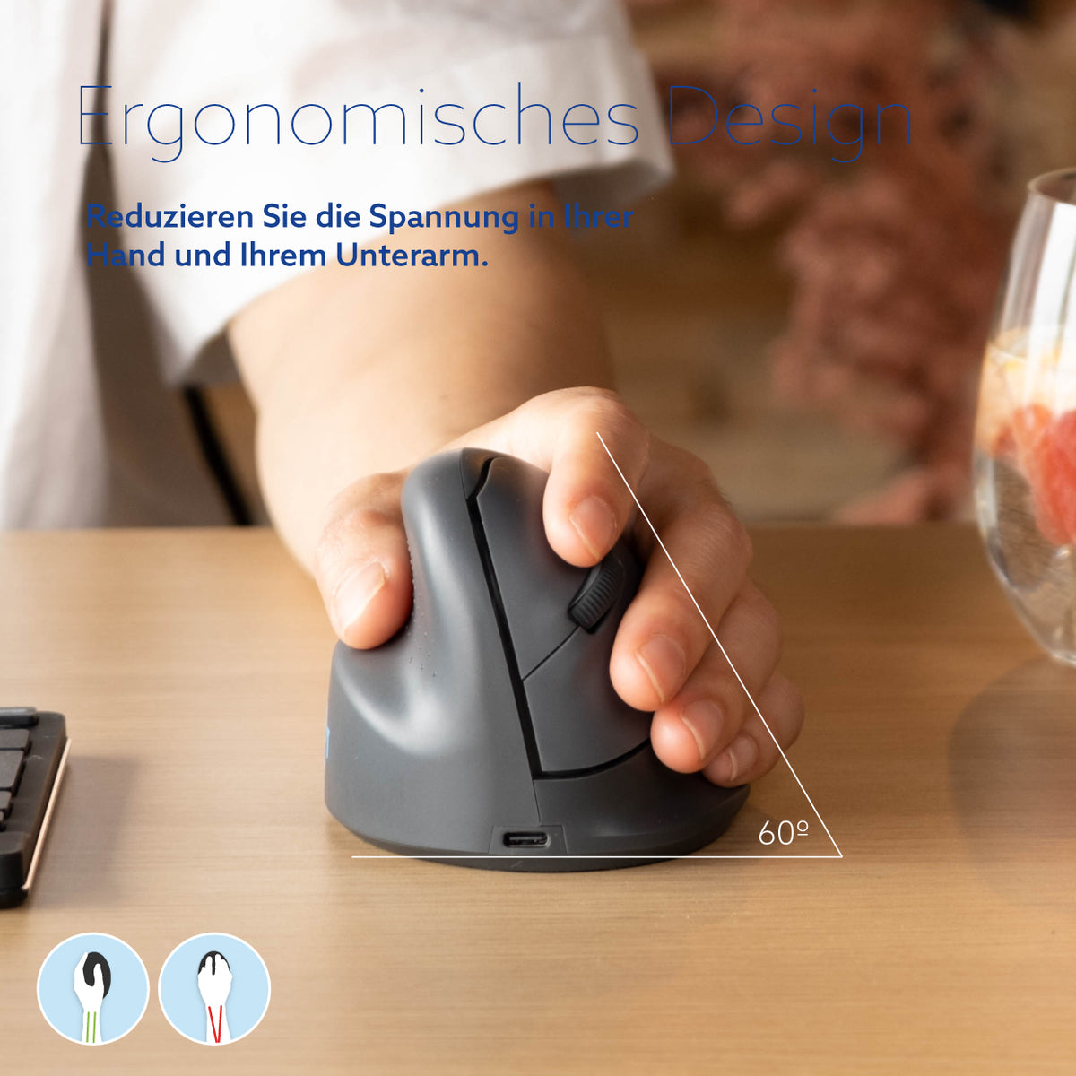 R-Go Tools Vertikale Maus R-Go HE Basic, ergonomische Maus, mittel (Handlänge 165–185 mm), für Linkshänder, Bluetooth