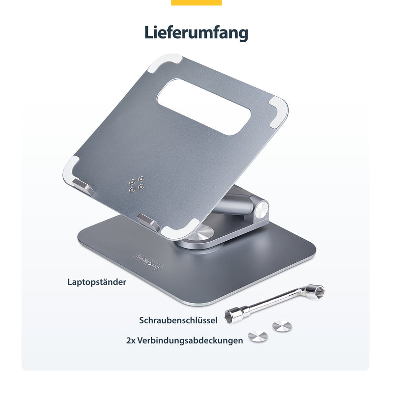 StarTech.com Ergonomischer Höhenverstellbarer Laptopständer, Dreh-Neigbarer Computerständer, Tragbare Laptophalterung-Notebookständer, bis 5kg, Aluminium Konstruktion