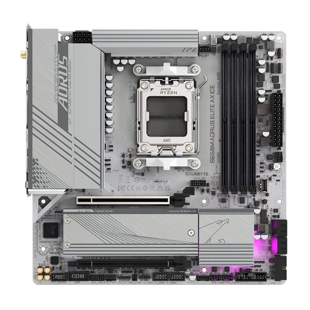 GIGABYTE B650M AORUS ELITE AX ICE Mainboard - AMD Ryzen 9000er-Serie, 12+2+2 Phasen VRM, bis zu 8000 MHz DDR5 (OC), 1xPCIe 5.0 + 1xPCIe 4.0 M.2, 2,5 GbE LAN, WIFI 6E, USB 3.2 Gen 2x2