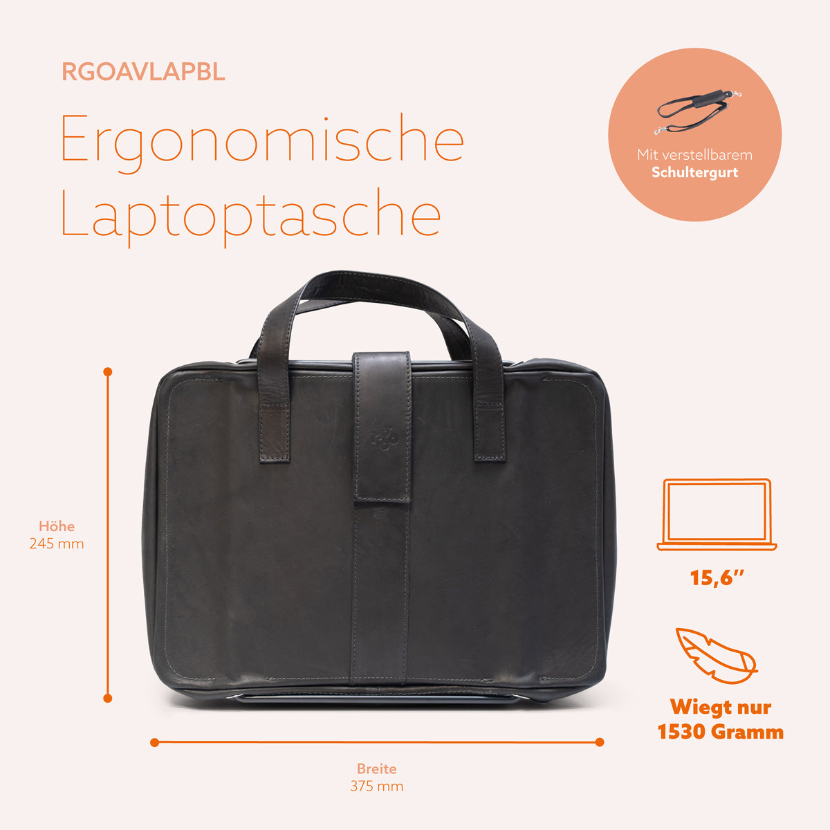 R-Go Tools Laptoptasche R-Go Viva, Vollnarbenleder, mit integriertem Laptop-Ständer, Schulterriemen, 15,6-Zoll, Schwarz