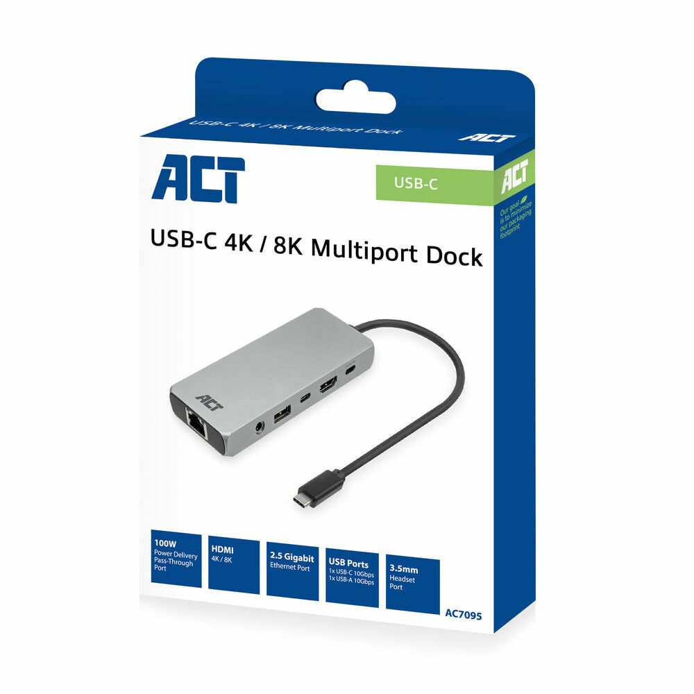ACT USB-C 4K / 8K 30Hz Docking-Station für 1 HDMI-Monitor, 2.5 Gigabit-Ethernet, USB-C 10Gbps, USB-A 10Gbps, 3.5mm Audio, PD Pass-Through