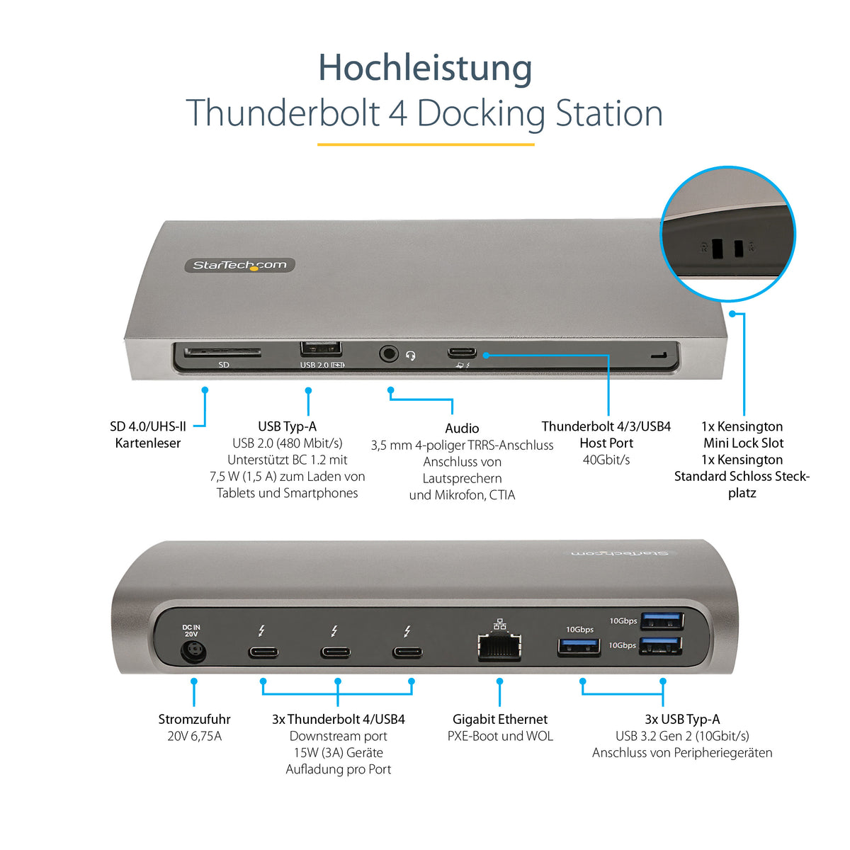 StarTech.com Thunderbolt 4 Docking station, 96W PD, Einzelner 8K/Dual 4K 60Hz Monitor, 3xTB4/USB4 und 4xUSB-A Hub, SD/GbE, Thunderbolt 4/3 und USB4 kompatibel, K-Slot, 0.8m Kabel