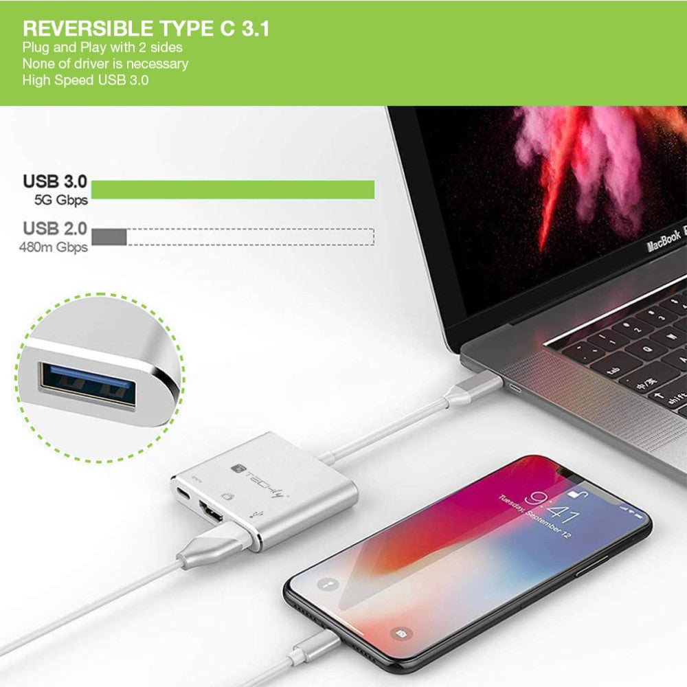 Techly IADAP USB31-HDMIPTY laptop-dockingstation & portreplikator Kabelgebunden USB 3.2 Gen 1 (3.1 Gen 1) Type-C Silber
