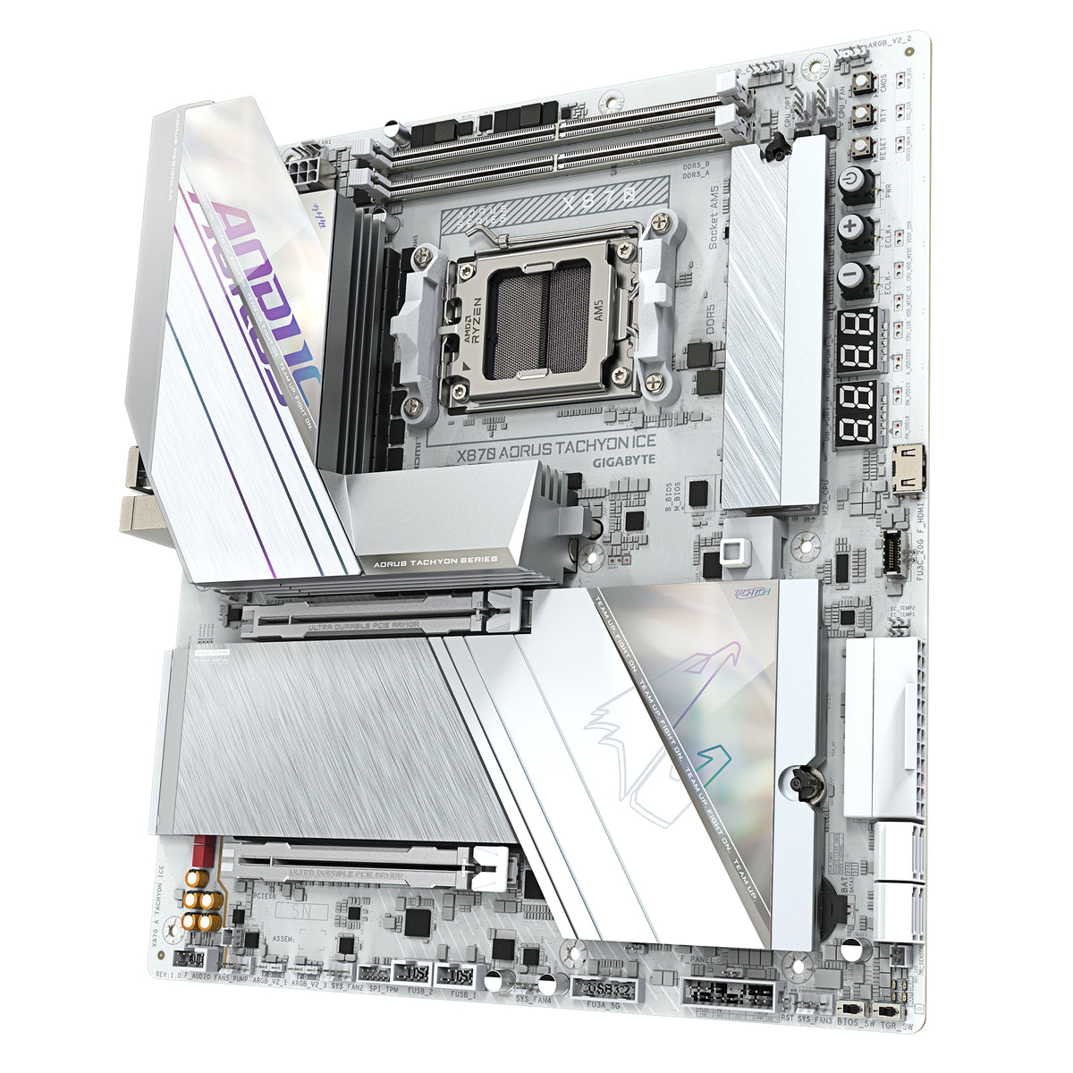 GIGABYTE X870 AORUS TACHYON ICE Mainboard – Unterstützt AMD Ryzen 9000 CPUs, digitale 18+2+2 Phasen VRM, bis zu 9600 MHz DDR5 (OC), 1 x PCIe 5.0 + 2 x PCIe 4.0, Wi-Fi 7, 5 GbE LAN, USB 4