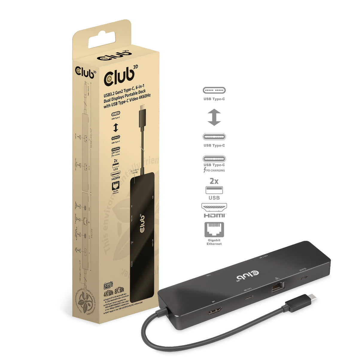 CLUB3D 6-in-1 USB3.2 Gen2 Typ-C Dual Displays Portable Dock mit USB Typ-C Video 4K60Hz