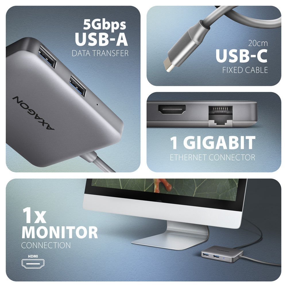 Axagon HMC-5HL USB 5Gbps hub, 2x USB-A, HDMI 4k/60Hz, RJ-45, PD 100W, 20cm USB-C Kabel