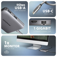 Axagon HMC-5HL USB 5Gbps hub, 2x USB-A, HDMI 4k/60Hz, RJ-45, PD 100W, 20cm USB-C Kabel