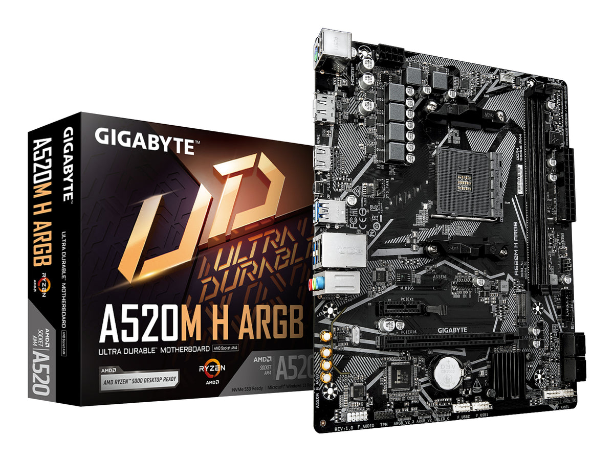 GIGABYTE A520M H ARGB Motherboard – Supports AMD Ryzen 5000 Processors, up to 5100 MHz DDR4 (OC), PCIe 3.0 x4 M.2, 1GbE LAN, USB 3.2 Gen 1